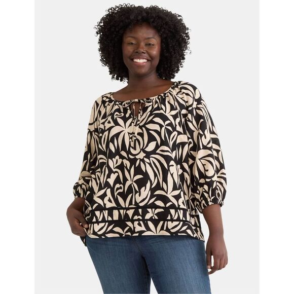 Terra & Sky plus peasant linen black and tan blouse plus size 3X - Picture 1 of 13